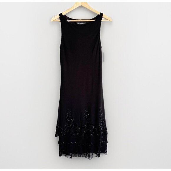 Jones New York 100% Silk Black Beaded Cocktail Midi Tiered Dress Womens 12 Glam - Picture 3 of 9